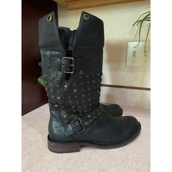 UGG Conor Studs Black Leather Mid-Calf Boots Womens Size 9 With Decorative Studs - Picture 8 of 11